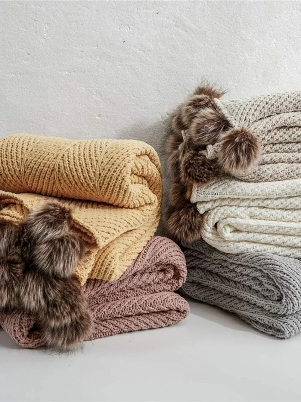 Fur Pom Pom Knit Throw Blanket  51 x 63in